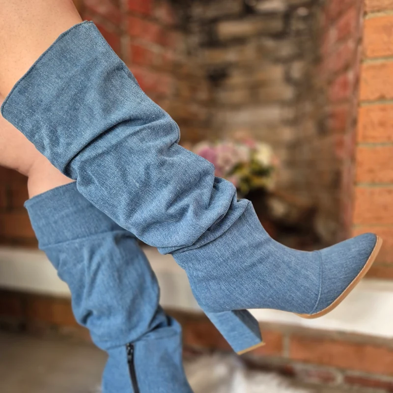 Bota Alta Corrugada Mezclilla